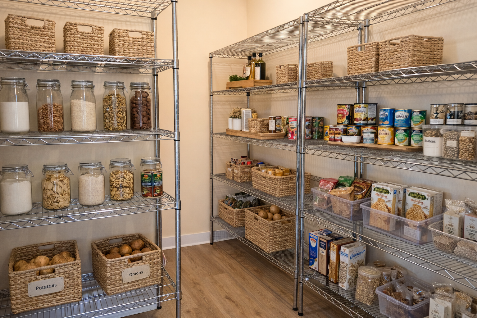 Organized pantry with metal shelving